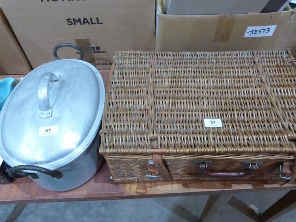 A basketwork picnic set and a fish kettle