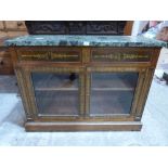 A Regency rosewood and brass inlaid side cabinet, the marble top over a pair of frieze drawers and