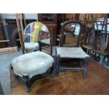 Two dressing table mirrors, a Victorian footstool and a rush seat stool