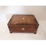 A 19th century yew wood and rosewood banded work box, with white metal stringing and mother-of-pearl
