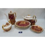Royal Crown Derby, Red Pheasant pattern:- A coffee pot; A Teapot (damaged); Two soup bowls; A
