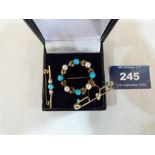 Three 9ct turquoise and pearl set brooches. 6.7g gross