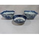 A pair of Chinese blue and white decorated deep bowls 10' wide, both cracked; together with an