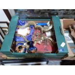 A box of sundries including 9 Crown Derby plates