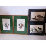 Two pairs of oriental watercolour paintings of vases of flowers or birds, on rice paper