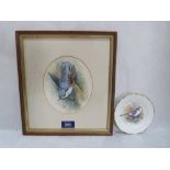 A watercolour of a nuthatch by the Worcester painter G. Delaney, together with a painted dish,