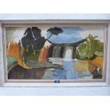 MANNER OF IVON HITCHINS. BRITISH 1893-1979 Landscape with waterfall. Oil on board 16' x 30'