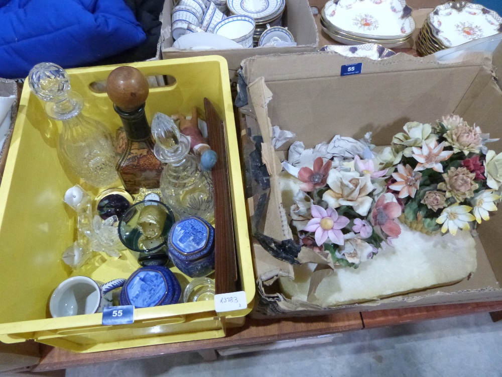 A box of ceramics, glass and sundries with two Capodimonte porcelain flower pieces