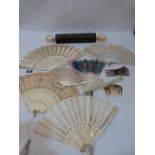 Six Victorian ivory fans (A.F.) japanned fan box and other objects