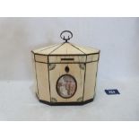 A Regency ivory and white metal decagonal tea caddy, the front inset with a miniature painted