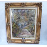 A gilt framed 20th century oil. Lane scene. 20' x 16'