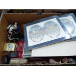 A box of sundries and mounted prints