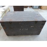 A painted pine and metal bound chest. 40' wide