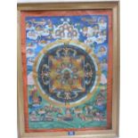 A Nepalese Bhavacakra depicting the endless cycle of human existance. Gouache and gilding on textile