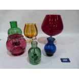 An Art-Nouveau scent bottle, a cranberry vase and four other items of coloured glass