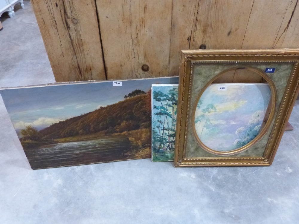 A gilt framed picture and two unframed oil paintings