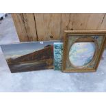 A gilt framed picture and two unframed oil paintings