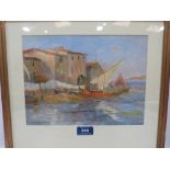 AUGUSTA MARCON. ITALIAN 1892-1980 Buildings and boats on a beach. Artist's stamp verso. Oil on paper