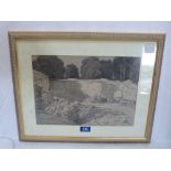 GEORGE COOPER. BRITISH 20TH CENTURY Cotswold Stone Quarry. Signed. Watercolour en-grisaille 10' x