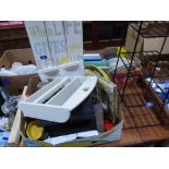 A box of sundries and a wire rack