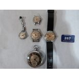A keyless watch; two gentleman's wristwatches; a nurse's fob watch and a lady's watch