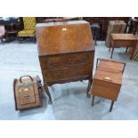 A Victorian oak and brass mounted coalbox; a walnut bureau and a cantilever workbox