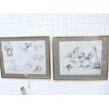 Nine prints of drawings after George Moreland. Two examples framed. Each 16' x 19'