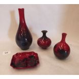 Three items of Royal Doulton 'Flambe' ceramics, the larger vase 8' high; together with another
