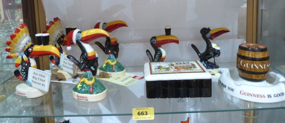 Six Royal Doulton Guinness toucans, a Minton's matchbox stand and a ceramic box with cover