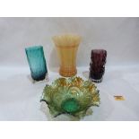 Two Whitefriars textured glass vases, a 1930's mottled yellow glass vase and a carnival glass bowl