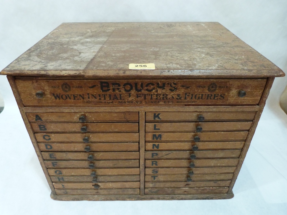 An early 20th century set of merchant's drawers, Brough's Woven Initial Letters and Figures, the