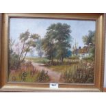 EDITH COLE. BRITISH 20TH CENTURY Country path with cottages. Signed. Oil on board. 12' x 16'