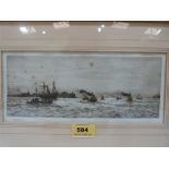 WILLIAM LIONEL WYLLIE. BRITISH 1851-1931 Shipping near a coastal town. Signed in pencil. Etching 4½'