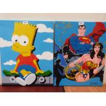 D.P. HILL. BRITISH 21ST CENTURY Bart Simpson; Superman and Wonder Woman. A pair Acrylics on canvas