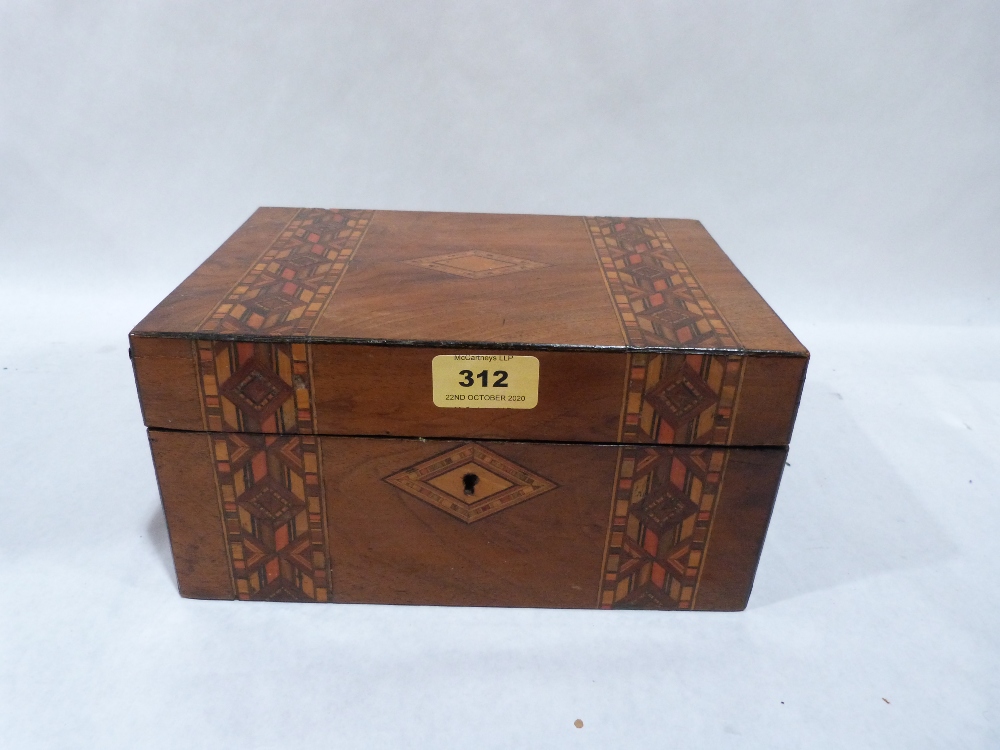 A Victorian inlaid walnut box. 9¾' wide. One hinge broken