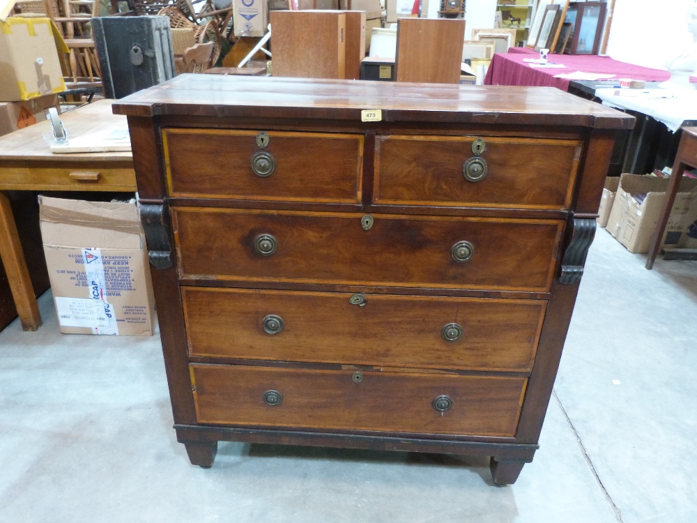 A 19th century mahogany and satinwood banded chest of drawers. 39½' wide. Splits to top and sides,