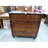A 19th century mahogany and satinwood banded chest of drawers. 39½' wide. Splits to top and sides,