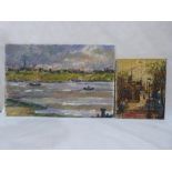 An impressionist street scene oil on canvas, an oil on canvas of fishing boats and an Alfonse