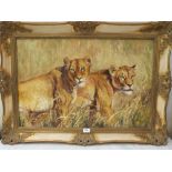 SYLVIA DURAN. BRITISH 20TH CENTURY Lionesses. Signed and dated '75. Exhibition label verso. Oil on