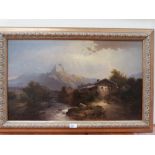 19TH CENTURY SCHOOL River landscape with cottages, figures and distant hilltop castle. Oil on