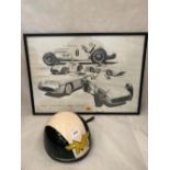 A pudding basin motorcycle helmet; and a motor racing print after John Manton