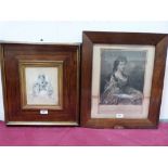 A 19th century English School pencil portrait drawing of a lady and an 18th century French engraving