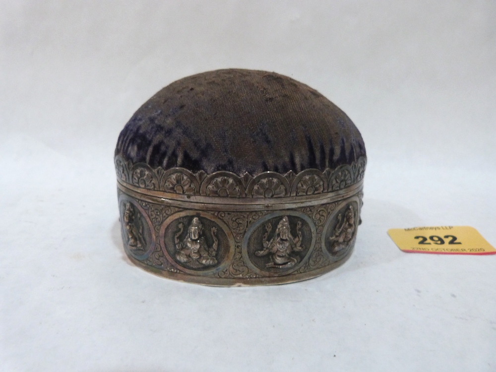 An Indian silver pin cushion oval box. 3½' wide