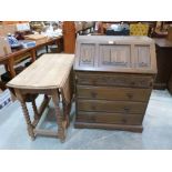 An oak barleytwist dropleaf table and a writing bureau