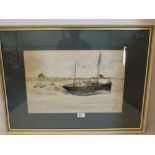 A watercolour beach scene signed Rudd, two 1950s fashion prints and a signed print after G.Vernon
