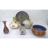 A Doulton Flambe globular vase and five other items of Doulton pottery