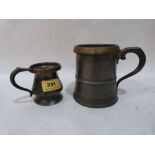 Two 19th century Victorian pewter pint and gill mugs with brass rims