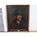 20TH CENTURY SCHOOL Portrait of a gentleman wearing a green hat and red tie. Oil on canvas 24' x