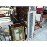 An oak tray, a framed oil painting and two framed school photographs, Bromsgrove School 1946 and