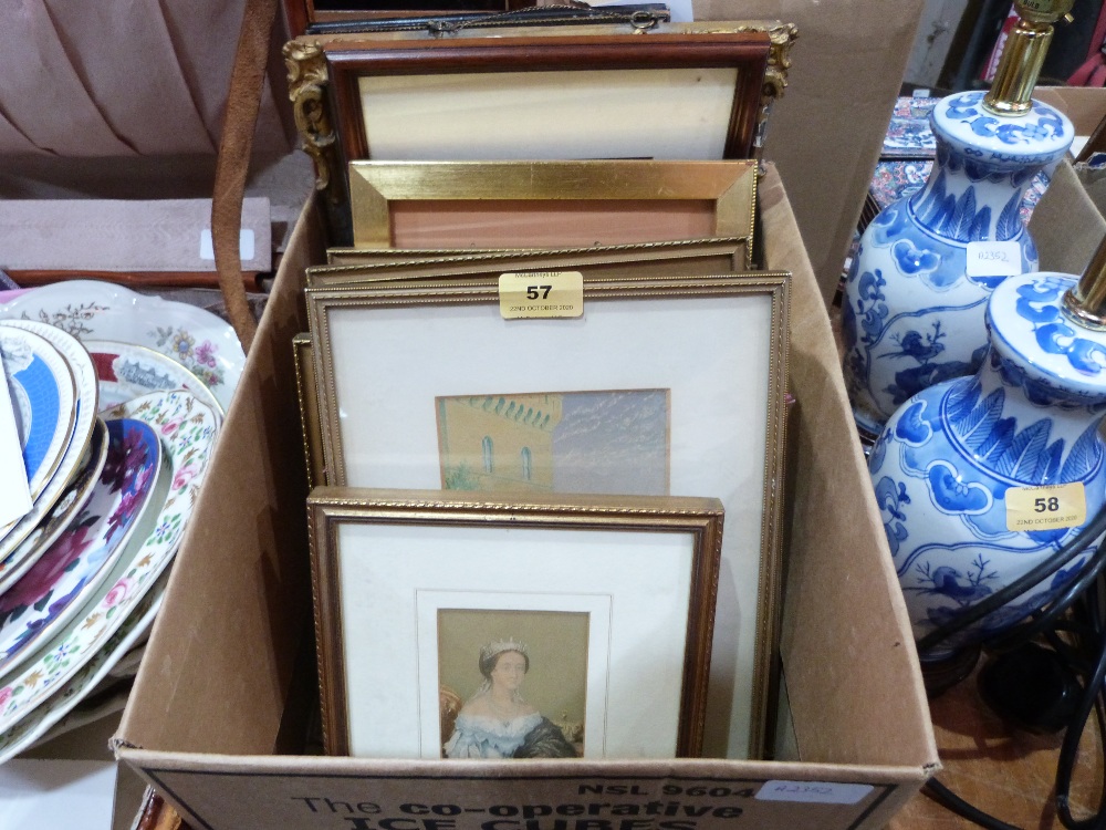 A box of Baxter and other framed prints